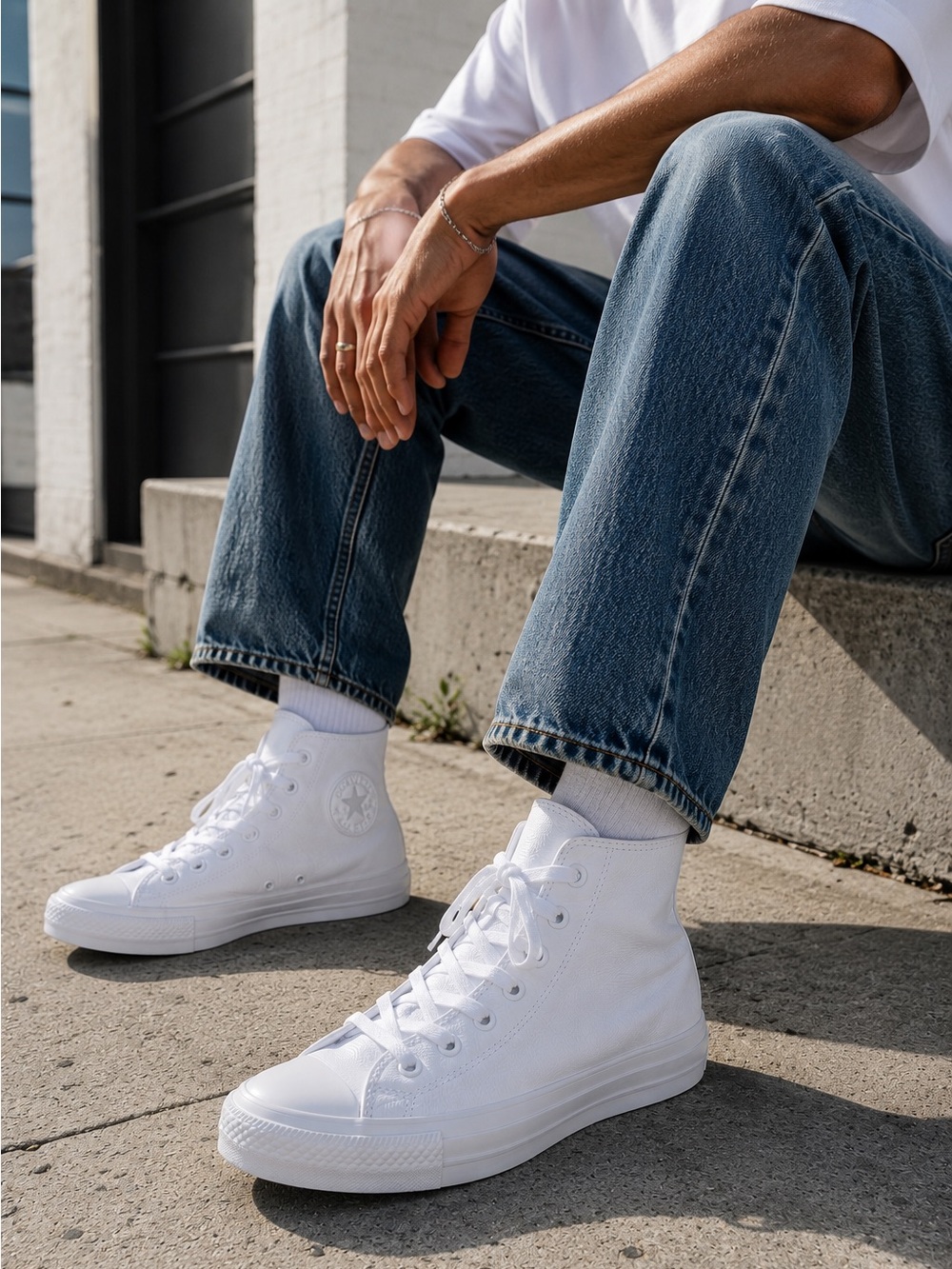Brand New Converse All Star all leather “monochrome” white sneakers men’s US12